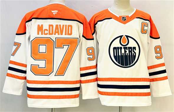 Mens Edmonton Oilers #97 Connor McDavid White Orange 2024-25 With C Patch Heritage Classic Primegreen Stitched Jersey->edmonton oilers->NHL Jersey
